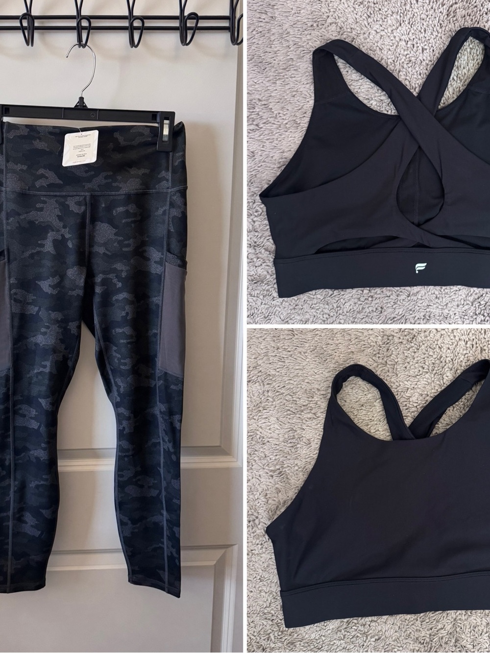 Fabletics Black Camo High-Waist Leggings and Black Crisscross Sports Bra